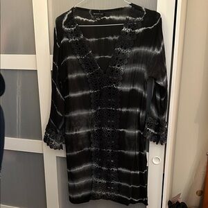 Beach By Exist Black and White Tie-Dye Swim Coverup with Lace Trim